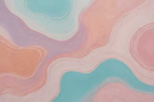 This image is a detailed abstract painting, characterized by its swirling, wavy patterns and vibrant color palette. The composition features a series of concentric, circular waves that flow from the top left to the bottom right of the canvas. The painting begins with a light blue wave at the top, followed by a white wave, then a light purple wave. Below these, there is a peach wave, and beneath that, a white wave. The central area of the painting showcases a prominent pink wave, which is bordered by a light purple wave. The bottom section of the painting includes a light blue wave, followed by a white wave, and finally, a pink wave at the very bottom. The overall effect is reminiscent of watercolor techniques, with the colors blending seamlessly into one another, creating a harmonious and dynamic visual experience.
