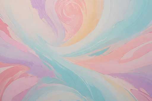 The image is an abstract painting with soft, blended pastel colors – predominantly pinks, blues, and peaches. Swirling brushstrokes create a fluid, dreamlike composition with no distinct objects. The color palette evokes a gentle, ethereal feeling. The style is expressive and non-representational, focusing on texture and color interaction rather than realistic forms.