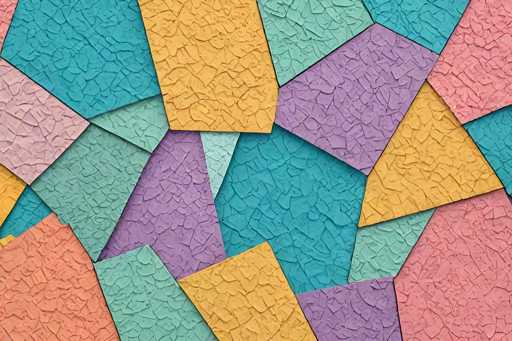 A vibrant, abstract pattern of irregularly shaped tiles with a textured, cracked surface. The tiles are arranged in a seemingly random yet visually balanced composition, showcasing a variety of colors including teal, peach, purple, and light orange. The overall effect is one of playful texture and modern design.