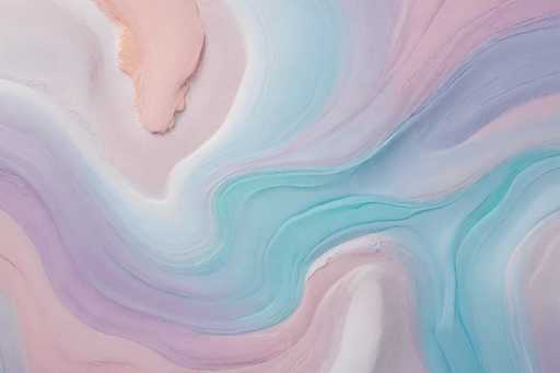 This image features an abstract painting with a dynamic blend of colors and textures. The composition is dominated by swirling patterns that flow from the top left to the bottom right, creating a sense of movement and fluidity. The color palette includes shades of pink, white, light blue, dark blue, purple, and lavender, with a notable presence of a peachy-pink hue in the top left corner. The painting appears to have been created using a technique that involves pouring and manipulating different colored paints, possibly with the aid of tools like a hairdryer to create unique effects. The overall effect is reminiscent of a close-up view of a textured surface, such as a rock or a piece of sand, with intricate swirls and layers that give it a complex, almost three-dimensional quality. The image is devoid of any text, focusing solely on the visual interplay of colors and textures.