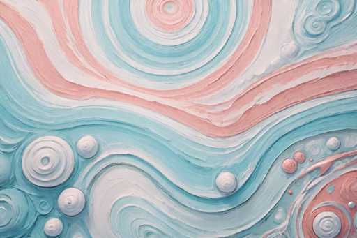The image is an abstract, textured painting with a swirling, organic design in shades of teal and soft pink. The main elements are circular forms of varying sizes, some with concentric ridges, creating a sense of depth and movement. The composition is dynamic, with the swirling patterns drawing the eye towards the center. The style is reminiscent of a tactile, possibly mixed-media artwork, emphasizing texture and flowing lines rather than realistic representation.