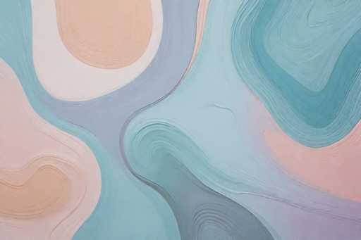 This image is an abstract painting characterized by a series of swirling, wavy lines and shapes that create a dynamic composition. The background is predominantly a light blue, with various hues blending throughout. In the upper left corner, there's a large, light brown or tan oval shape, while the lower left corner features a smaller, similar shape. The upper right corner is dominated by a darker blue swirl, and the lower right corner transitions into a light purple area. The painting includes a mix of colors such as light blue, dark blue, gray, white, peach, and light purple, with no discernible pattern or text. The overall effect is reminiscent of a close-up view of a textured surface, like the skin of a fruit or the bark of a tree, with the lines and swirls creating a sense of movement and depth.