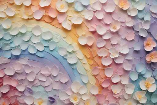 This image showcases a vibrant and intricate piece of artwork featuring a rainbow composed of various hues. The rainbow begins with a rich red on the left side, transitioning seamlessly into orange, yellow, green, blue, and finally purple on the right. The colors are meticulously layered, creating a striking visual effect. 

Interspersed throughout the rainbow are delicate flower petals, adding a touch of natural beauty to the composition. These petals vary in color, including shades of pink, white, yellow, and blue, and they are scattered across the entire image, from the rainbow's arch to the surrounding areas. 

The background of the image is a soft, light purple, which complements the vivid colors of the rainbow and the flower petals. The overall effect is a harmonious blend of colors and textures, creating a visually captivating and serene piece of art.