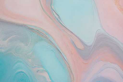 The image is an abstract fluid art piece, likely acrylic pouring, showcasing swirling patterns of pastel blues and pinks. The colors blend organically, creating a sense of movement and depth. The composition is primarily horizontal, with the fluid paint spreading across the canvas in soft, flowing strokes. The style is modern and artistic, emphasizing texture and color interaction rather than representational forms.