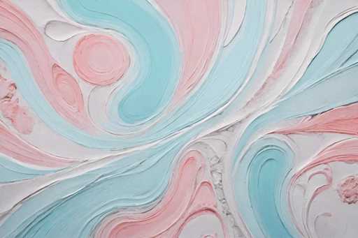 This image showcases a close-up view of a textured, three-dimensional painting on a white canvas. The artwork features an intricate blend of pink and blue hues, applied in a manner that creates a dynamic interplay of colors. The pink paint appears to have been initially spread across the canvas, with blue paint then swirled over it, resulting in a marbled effect. The swirling technique has led to the formation of various shapes, including a few distinct pink circles. The application of paint is notably thick in certain areas, adding depth and dimension to the piece. The overall composition is abstract, with no recognizable objects or text, allowing the viewer to focus solely on the vibrant colors and fluid patterns.