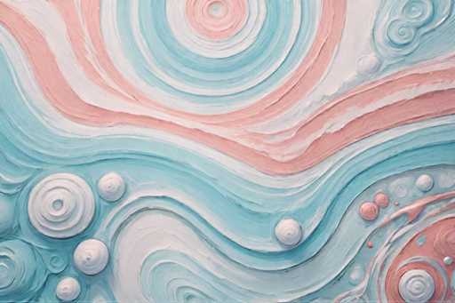 The image shows an abstract painting with a vibrant color palette featuring shades of pink and blue. The artwork is predominantly circular, with white and gray lines that create a sense of movement and dynamism across the canvas. The background features a gradient transition from light to dark blue, adding depth and dimension to the piece.