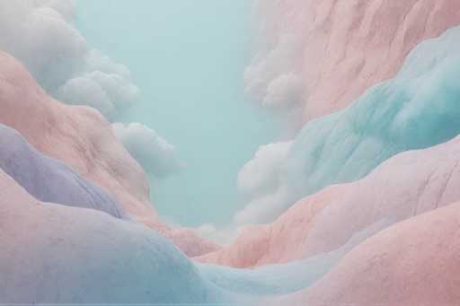 The image shows a surreal landscape with pink and blue mountains that appear to be floating in the air against a light blue sky dotted with white clouds. The perspective is from below, looking up at the towering peaks.
