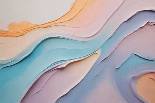 This image showcases a vibrant and textured abstract painting, likely created using thick layers of acrylic paint or possibly oil pastels. The artwork features a dynamic interplay of colors and textures, with the paint applied in such a way that it appears almost three-dimensional. The color palette is diverse, including shades of orange, peach, pink, light blue, dark blue, and purple. The composition is characterized by wavy, flowing lines that create a sense of movement and depth. The top left corner of the painting is predominantly white, transitioning into various hues as you move towards the right and bottom. The bottom right corner is particularly striking, with a blend of orange, blue, and purple tones. The overall effect is reminiscent of a natural landscape, with the layered textures evoking the appearance of sand dunes or mountain ranges. The painting's abstract nature and rich color scheme make it a captivating piece of art.