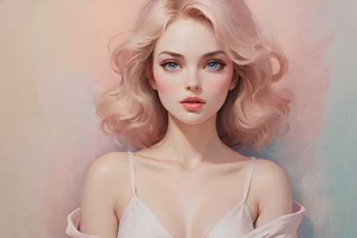 This image is a detailed, computer-generated painting of a young woman, likely in her late teens or early twenties. She has strikingly pale skin and large, expressive blue eyes that are accentuated by her long eyelashes. Her lips are a soft pink, and she has a slight blush on her cheeks. Her hair is a blend of blonde and pink, styled in soft waves that fall just below her chin, with some strands curling around her ears. She is wearing a white spaghetti strap tank top, with the straps resting on her shoulders, and a shirt that appears to be slipping off her left shoulder. The background features a gradient of colors, transitioning from a peachy-pink on the left to a light blue on the right, with subtle hints of purple and gray. The overall composition is horizontal, capturing the woman from her chest up, with her head slightly tilted to the right.