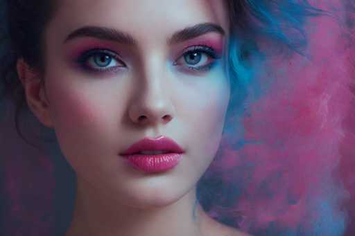 This image is a close-up of a young woman's face, likely in her late teens or early twenties. She has striking blue eyes and is wearing pink lipstick. Her makeup is elaborate, featuring pink eyeshadow and blue eyeliner. Her hair is styled in a bun, with wisps of blue and pink smoke-like effects around her head, adding a dreamy quality to the image. The background is a blend of pink and blue hues, complementing her makeup and enhancing the ethereal atmosphere. The woman is looking directly at the camera, with her mouth slightly open, revealing her front teeth. The overall composition and color scheme give the image a surreal, almost otherworldly feel.