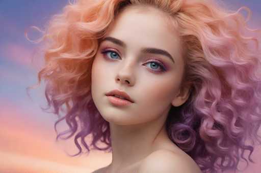 This image features a young woman, likely in her late teens or early twenties, with a striking appearance. She has fair skin and captivating blue eyes accentuated by pink eyeshadow and mascara. Her lips are painted a soft pink, and she has a slight, enigmatic smile. Her hair is voluminous and wavy, transitioning from a peachy blonde at the top to a purplish hue at the ends, giving it a vibrant and dynamic look. The background complements her hair with a gradient of blue and pink, reminiscent of a sunset sky. The woman is positioned slightly to the right, with her head turned towards the camera, creating a sense of engagement with the viewer. The overall composition and her poised expression suggest that this could be a professional modeling headshot.