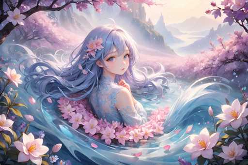 The image depicts a serene, fantasy-like scene featuring an anime-style girl with long, flowing blue hair adorned with pink flowers. She is seated in a pool of water, surrounded by an abundance of pink flowers and petals that float around her. The girl is wearing a blue dress with a floral pattern, and her hands are gently clasped in front of her chest. Her large, expressive blue eyes gaze directly at the viewer, and her hair cascades down her back, blending into the water below. The background showcases a picturesque landscape with a winding river, lush greenery, and distant mountains. A castle can be seen perched on a hill in the far distance, adding to the enchanting atmosphere. The overall scene is bathed in soft, pastel hues, enhancing the dreamy and tranquil mood of the image.