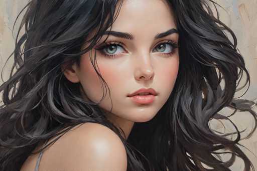 This image is a detailed, realistic painting of a young woman, likely in her late teens or early twenties. She has long, wavy black hair that cascades down to her shoulders, with some strands falling over her face. Her complexion is fair, and she has striking green eyes that gaze directly at the viewer. Her lips are a soft pink, slightly parted to reveal her top teeth. She is wearing a gray tank top, with the strap visible on her shoulder. The background is a light brown or beige color, providing a subtle contrast to her features. The painting captures her from the top of her head down to her chest, with her body angled to the right while her face looks straight ahead. The overall style is highly realistic, almost photographic, emphasizing the intricate details of her appearance and expression.