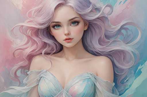 A digital painting of a beautiful anime girl with long, flowing lavender hair and large blue eyes. She's wearing a light blue off-the-shoulder dress with a sheer, ethereal overlay. The background is a soft blend of pastel pinks and blues, creating a dreamy, fantasy-like atmosphere. The overall style is reminiscent of digital art with a painterly texture.