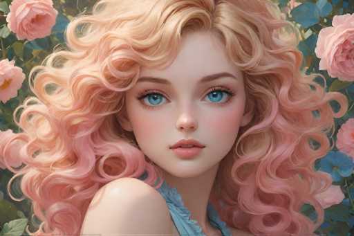 The image depicts a digital illustration of a young woman with long blonde hair and blue eyes. She is wearing a light blue dress that contrasts with her pink curls. The background features a garden filled with pink flowers, adding to the overall aesthetic of the piece.