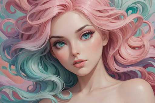 This image is a highly detailed, computer-generated illustration of a young woman with a striking appearance. She has long, wavy hair that transitions from a vibrant pink at the top to a light blue towards the ends, with subtle hints of purple and teal. Her hair is parted in the middle, framing her face beautifully. She has large, expressive blue eyes that gaze upwards and to the right, giving her a dreamy expression. Her lips are slightly parted, revealing her top teeth, and she has a small, button nose. The woman's skin is very pale, with a slight pink tint on her cheeks, adding to her ethereal look. She appears to be unclothed, as her bare shoulders are visible, and she has a graceful, slender neck. The background is a blend of pink, blue, and purple hues, complementing her hair and adding to the overall dreamlike quality of the image. The composition focuses on her head and shoulders, with her hair flowing around her, creating a sense of movement and softness.