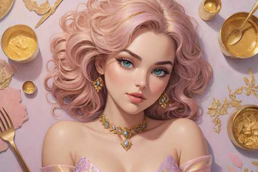 The image is a detailed, computer-generated illustration of a young woman with striking features. She has long, curly, pink hair that cascades down to her shoulders, framing her face. Her eyes are a vivid blue, and she has pink lips. She is adorned with gold earrings and a choker necklace that features blue jewels. The woman is dressed in a purple top with gold accents, though the image cuts off just below her chest, revealing only her shoulders and part of her upper arms.

Surrounding her on a pink background are various gold-colored items, including small bowls, a knife, a fork, and a spoon. These bowls contain different substances, such as a yellowish substance, a gold-colored liquid, and what appears to be gold leaves. The overall composition suggests a surreal, almost fairy-tale-like setting, with the woman appearing to be part of an elaborate scene.