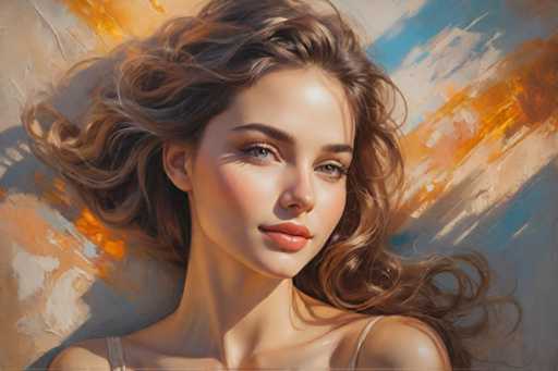 The image depicts a young woman with long brown hair and light skin, wearing a white tank top. She is lying on her stomach with her head tilted back, looking off to the side. The background features an abstract painting in shades of orange and blue, creating a warm and inviting atmosphere.