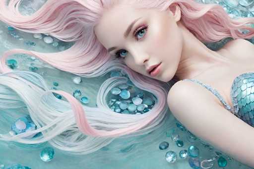 The image depicts a highly detailed, computer-generated scene of a young woman with striking pink hair and blue eyes, lying on her side in a pool of water. She is adorned in a shimmering, blue sequined bikini top that accentuates her fair skin. Her hair, which transitions from pink to white at the tips, flows gracefully around her head and into the water, creating a mesmerizing visual effect. The water itself is a light blue hue, filled with numerous transparent, gem-like bubbles that add a magical touch to the scene. The woman's face is turned towards the camera, her expression serene and captivating, as she gazes directly into the lens. The overall composition of the image is rectangular, with the width being twice the height, emphasizing the horizontal expanse of the watery setting.