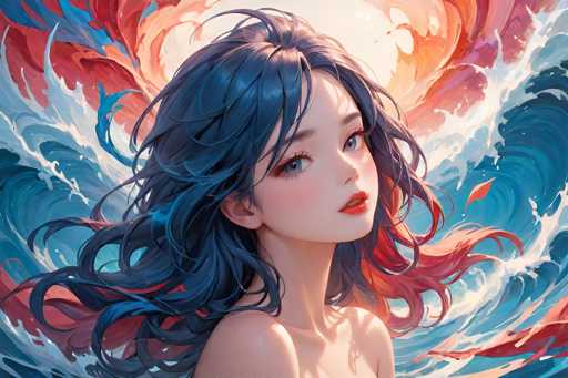 A young anime girl with flowing, dark blue hair and large, expressive eyes gazes upwards. She's positioned centrally against a vibrant, swirling backdrop of blue and red water-like patterns, suggesting a dynamic, possibly fantastical setting. The art style is digital painting with a painterly texture, emphasizing soft lighting and detailed hair strands.