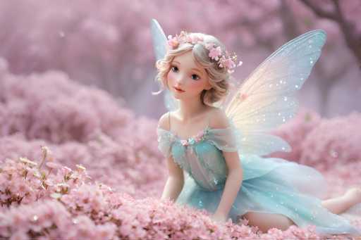 A figurine of a fairy is depicted in a serene garden setting with pink flowers and trees. The fairy has blonde hair styled into an elegant updo and is wearing a blue dress adorned with white flowers on her head.