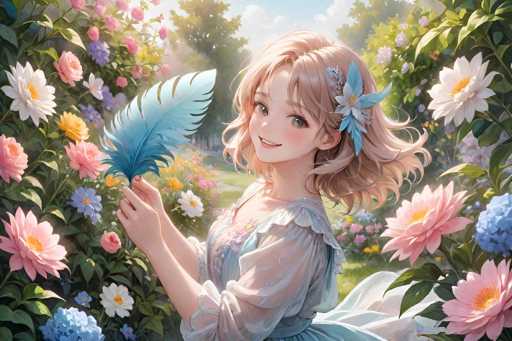 In this captivating image, a young girl stands gracefully in the center of a lush garden. She is adorned in a charming dress that features a blend of blue and pink hues, with delicate lace detailing on the sleeves. Her blonde hair cascades down her back, adorned with a blue flower that adds a touch of whimsy to her appearance. The girl's face is lit up with a warm smile, her eyes sparkling with a gentle light.

In her hands, she holds a large blue feather, which she points towards the left side of the image. The garden around her is a vibrant tapestry of colors, with an array of flowers in shades of pink, white, yellow, and blue. These flowers are scattered throughout the scene, creating a lush and inviting atmosphere.

The background reveals a serene blue sky dotted with fluffy white clouds, and a few trees can be seen in the distance, adding depth to the scene. The overall composition exudes a sense of tranquility and natural beauty, perfectly capturing a moment of pure joy and innocence.