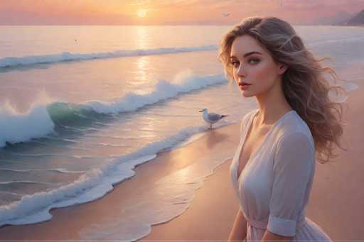 The image depicts a woman with blonde hair and blue eyes standing on the beach at sunset. She is wearing a white dress that contrasts with her skin tone. The woman appears to be gazing out towards the ocean, which has waves crashing onto the shore. In the background, there are birds flying in the sky.