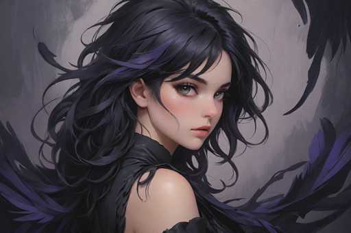 This image features a striking, computer-generated depiction of a young woman with long, wavy black hair that cascades down her back. Her hair is adorned with subtle purple highlights, adding depth to her dark locks. She has a fair complexion and is wearing a black dress with a high neckline that leaves her shoulders bare. Her makeup is meticulously applied, with noticeable pink blush on her cheeks, light pink lipstick, and long eyelashes that accentuate her large, grayish eyes. The woman is positioned with her body facing to the right, but her head is turned towards the viewer, creating a captivating and somewhat mysterious expression. Surrounding her are large, dark purple feathers that extend from the bottom left to the bottom right of the image, with additional feathers appearing in the top right corner. The background is a gradient of gray, lighter near her head and becoming darker towards the edges, enhancing the overall dramatic effect of the scene.
