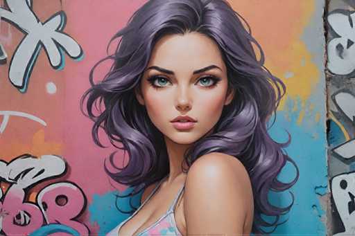 The image shows a close-up portrait of a woman with long purple hair and green eyes. She is wearing a white tank top that contrasts with her dark hair. The background features a colorful graffiti wall adorned with various designs in pink, blue, yellow, and black colors.