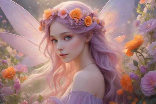 The image depicts a highly detailed, computer-generated fairy with long, flowing hair that transitions from a light purple at the top to a pinkish hue at the ends. She has striking blue eyes and is adorned with a crown of orange and pink flowers. Her delicate, translucent wings are a light purple color, adding to her ethereal appearance. She is wearing a light purple dress that complements her wings and flowers. The fairy is positioned in the center of the image, gazing directly at the viewer. Surrounding her are vibrant orange and pink flowers, with a few green leaves interspersed. The background is a soft, blurry mix of pink and purple hues, enhancing the dreamy and magical atmosphere of the scene.