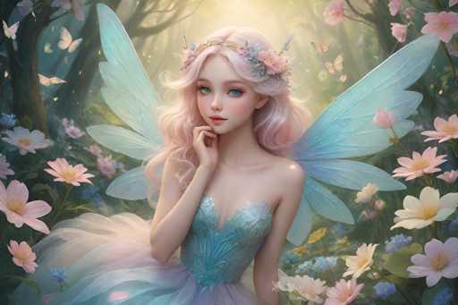 This is a highly detailed, computer-generated image of a young fairy girl with long, wavy, pink hair adorned with a floral crown. She has striking blue eyes and pink lips, and her expression is one of contemplation as she gazes slightly to the left, with her right hand gently touching her chin. The fairy is dressed in a light blue, strapless dress with a frilly, tulle skirt that transitions into a pinkish hue. She possesses delicate, light blue wings with intricate vein patterns, and her skin is very pale. The background depicts a lush, sunlit forest filled with vibrant pink, white, and blue flowers, as well as green trees. Butterflies flutter around her, adding to the enchanting atmosphere of the scene.