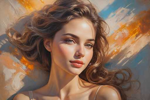 This image is a detailed, photorealistic painting of a young woman, likely in her late teens or early twenties, with long, wavy brown hair that cascades down to her shoulders. She has striking blue eyes, a small nose, and full lips adorned with a light pink lipstick. Her complexion is fair, and she appears to be wearing minimal makeup, possibly just a touch of blush. The woman is dressed in a thin-strapped top, possibly a tank top or dress, with the straps visible on her shoulders. She is lying down, gazing over her left shoulder directly at the viewer, with her head slightly tilted to the right. The background is an abstract mix of colors, including shades of blue, orange, white, and gray, creating a dynamic and artistic setting that contrasts with her realistic portrayal.