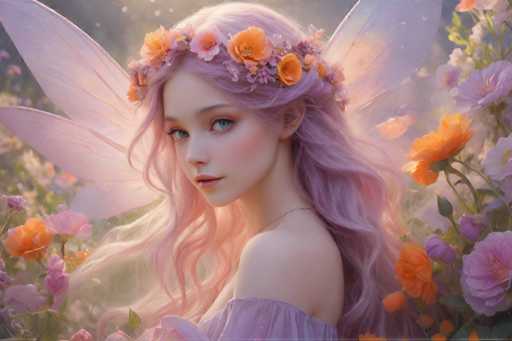 A young girl with long blonde hair is the main subject of this digital illustration. She is wearing a pink dress and has a crown made from flowers on her head. The background features an array of colorful flowers in shades of orange and purple.