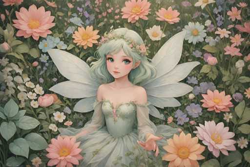 A digital illustration of a fairy with long hair and wings, wearing a green dress adorned with flowers, sitting on her hands in a garden filled with pink and white flowers.