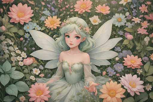 This detailed illustration features a young fairy with long, wavy green hair adorned with a floral crown. She has striking blue eyes and pointed ears, characteristic of fairies. The fairy is dressed in a light green dress with sheer sleeves that extend to her elbows, and the dress has a low neckline. She possesses delicate white wings, adding to her ethereal appearance. The fairy is seated in a lush garden filled with a variety of flowers, including pink, peach, and white blooms, as well as blue and purple blossoms. The scene is vibrant and colorful, with the fairy surrounded by green leaves and stems, creating a serene and enchanting atmosphere.