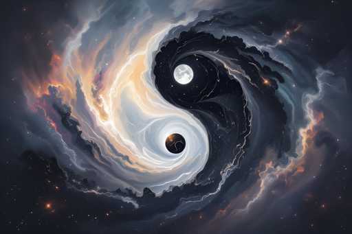The image depicts a celestial scene with two yin and yang symbols floating amidst the vast expanse of space. The yin symbol is depicted as a black circle with a white center, while the yang symbol is represented by an orange circle with a white center. These symbols are surrounded by a swirling cloud of gas and dust, which gives the impression that they are in the midst of a cosmic dance or perhaps a supernova event.

The background of the image is filled with stars and nebulae, creating a sense of depth and vastness. The colors used in the image are predominantly black, white, orange, and blue, reflecting the celestial bodies present in this scene.