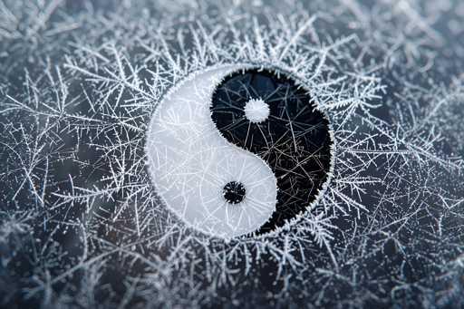 The image features a striking black and white yin-yang symbol at its center, intricately detailed with fine lines that create a textured appearance. The yin-yang is perfectly balanced, with the white side on the left and the black side on the right. Each half of the symbol contains a small circle: a black circle in the white half and a white circle in the black half. Surrounding the yin-yang are delicate, snowflake-like patterns that resemble thin branches or tree limbs, adding a sense of natural beauty to the composition. The background is a dark gray, which contrasts sharply with the white snowflake patterns and the black and white yin-yang, making the central elements stand out vividly. The overall effect is a harmonious blend of geometric precision and organic forms, creating a visually captivating and balanced image.