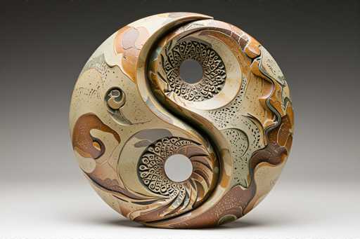The image shows an abstract ceramic sculpture that is a yin and yang symbol with two circles connected by a line, creating the shape of a yin-yang emblem. The sculpture has a light brown color with darker brown accents, giving it a rustic appearance. The background is a dark gray color, which contrasts with the lighter tones of the sculpture.