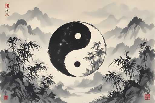 This image is a detailed black and white ink drawing, likely of Asian origin, featuring a prominent yin-yang symbol at its center. The yin-yang, a traditional Chinese symbol representing the balance of opposing forces, is depicted with a black section on the left containing a white dot, and a white section on the right containing a black dot. The symbol appears slightly worn, with chipped edges and a few white spots, giving it an aged look. Surrounding the yin-yang are numerous palm trees, some of which are more detailed while others are mere silhouettes, creating a layered effect. The background is filled with misty, gray mountains and clouds, adding depth to the scene. In each of the four corners of the image, there are red squares containing Asian characters, possibly Chinese or Japanese, further emphasizing the cultural context of the artwork. The overall composition is intricate, with the yin-yang symbol serving as the focal point amidst the serene and balanced natural landscape.