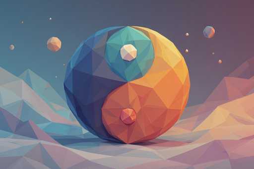 The image is a detailed, computer-generated illustration of a large, spherical object resembling a planet or a crystal ball, composed entirely of interlocking triangles. The sphere is divided into two distinct halves: the left side is a deep blue, while the right side is a vibrant orange. At the center of the sphere, where the two halves meet, there is a small white circle on the blue side and a small red circle on the orange side. The background features a gradient sky transitioning from dark blue on the left to a lighter blue on the right, dotted with smaller spheres in shades of blue, orange, and red. Below the main sphere, the ground is depicted with a series of triangular shapes in various colors, including blue, orange, red, and purple, creating a textured, mountainous effect. The overall composition is highly geometric, emphasizing the interplay of colors and shapes.