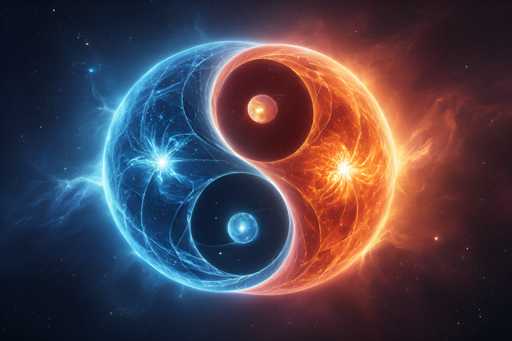 The image depicts a captivating space scene featuring a yin-yang symbol at its center. The background is a deep, dark blue, resembling the vastness of outer space, dotted with numerous stars. The yin-yang symbol is divided into two distinct halves. The left half is a cool blue, with intricate white lines running through it, and a bright white star at its core. The right half is a fiery orange, with swirling patterns of red and yellow, and a glowing white star at its center. Surrounding the yin-yang symbol are wisps of light blue and orange smoke, adding to the ethereal quality of the scene. The overall composition creates a striking contrast between the cold, serene blue and the vibrant, dynamic orange, all set against the backdrop of a starry expanse.
