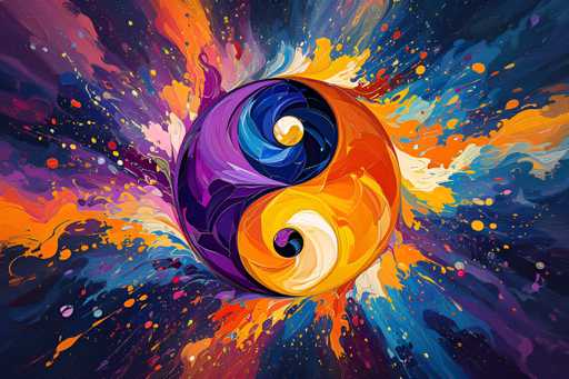 The image is a vibrant and abstract painting centered around a yin-yang symbol. The yin-yang, which is the focal point of the composition, features a swirling design with the left side predominantly purple and the right side primarily orange. The swirls of color extend from the center, blending into each other, and creating a dynamic visual effect. Surrounding the central yin-yang are splashes and splotches of various colors, including red, pink, yellow, and blue, which radiate outward in a chaotic yet harmonious manner. The background is a deep blue, almost black, which contrasts sharply with the bright colors of the yin-yang and the surrounding splashes. The overall effect is a striking and colorful piece of art that combines structured symbolism with free-form expression.