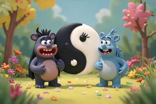 The image features two cartoonish, blue-grey monster characters with large teeth and expressive faces, positioned on a vibrant green grassy surface dotted with colorful flowers. A large yin-yang symbol, black and white, is centrally placed between them. The characters are facing each other with open mouths, seemingly in a playful or surprised expression. The background is soft and blurred, suggesting a whimsical outdoor setting with stylized trees and a bright sky. The art style is 3D-rendered, cartoonish, with bold colors and a focus on character expression.