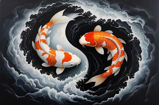 This image is a detailed painting of two koi fish swimming in a yin-yang formation. The fish are positioned centrally, with their bodies curving to form the iconic shape. The fish on the left has a white body adorned with orange spots, while the fish on the right features an orange body with white spots. Both fish have white tails and fins, and their heads are turned towards each other, creating a sense of balance and harmony. The background is a dark, almost black, water with swirling white and gray waves that resemble clouds, enhancing the ethereal quality of the scene. The overall composition is symmetrical, with the fish and the surrounding water creating a visually striking and balanced image.