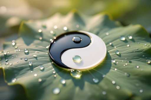 This image features a close-up of a vibrant green lily pad adorned with numerous water droplets, creating a fresh and dewy appearance. At the center of the lily pad lies a striking yin-yang symbol, which appears to be made of a smooth, reflective material, possibly glass or plastic. The yin-yang design is meticulously detailed, with the black side on the left and the white side on the right. Each half of the symbol contains a small, clear water droplet, adding to the overall theme of water and balance. The background is softly blurred, drawing attention to the intricate details of the lily pad and the yin-yang symbol. The image is devoid of any text, allowing the viewer to fully appreciate the serene and harmonious composition.