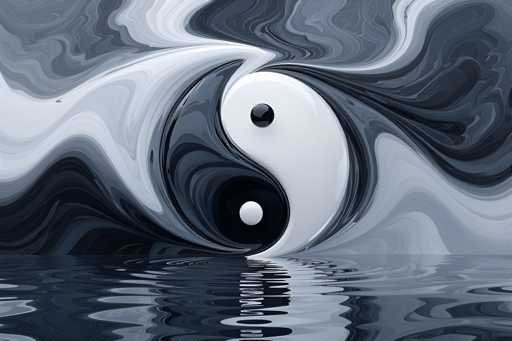 This image is a detailed, computer-generated artwork featuring a prominent yin-yang symbol at its center. The yin-yang is depicted in a three-dimensional style, with the black side on the left and the white side on the right. Each half of the yin-yang contains a small circle: a white circle in the black half and a black circle in the white half. Surrounding the central yin-yang are swirling patterns of black, white, and gray, creating a dynamic and fluid effect. These swirls extend from the center towards the edges of the image, giving a sense of movement and depth. The bottom portion of the image features a rippling surface, reminiscent of water, which reflects the yin-yang and the swirling patterns above it. The overall composition is monochromatic, utilizing shades of black, white, and gray to create a visually striking and harmonious design.