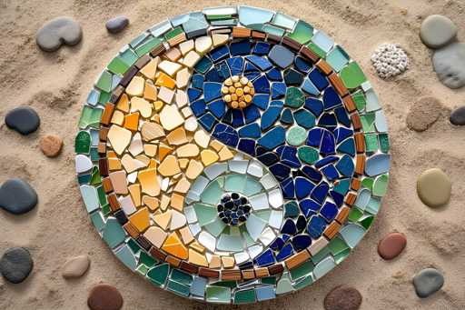 This image showcases a meticulously crafted mosaic artwork set against a sandy background. The central focus is a circular mosaic, bordered by a variety of colored stones including shades of blue, green, and brown. The inner design features a yin-yang symbol, composed of two distinct halves. The left half of the yin-yang is made up of small, light-colored stones in hues of yellow, orange, and white. The right half is constructed from darker stones in shades of blue, dark blue, and black. At the core of the yin-yang symbol, there is a flower-like design, with a central black stone surrounded by yellow stones, and further encircled by blue stones. The entire mosaic is set in sand, which is interspersed with additional stones of various colors, including black, gray, and brown, enhancing the overall aesthetic of the piece.