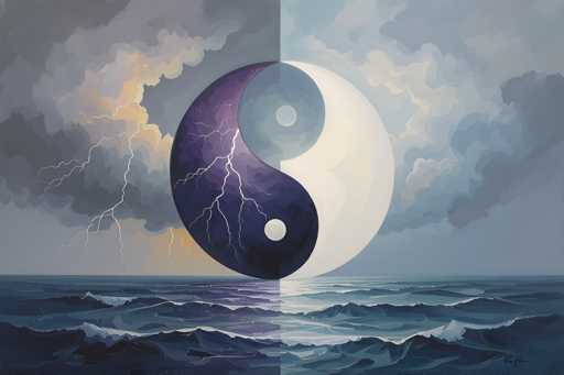 The image is a detailed painting of a yin-yang symbol set against a dramatic ocean backdrop. The yin-yang is perfectly centered, with the left side colored in deep purples and blacks, featuring a white circle in the bottom right corner. The right side of the symbol is predominantly white, with a blue circle in the top left corner. The ocean below is depicted in shades of blue, with waves on the left side appearing darker and more turbulent, while the right side shows calmer, lighter waves. The sky above is filled with dark, stormy clouds on the left, transitioning to lighter, bluer clouds on the right. A striking lightning bolt is visible on the left side, adding to the sense of an impending storm. The entire composition is split vertically, creating a stark contrast between the two sides, symbolizing the balance of opposing forces.
