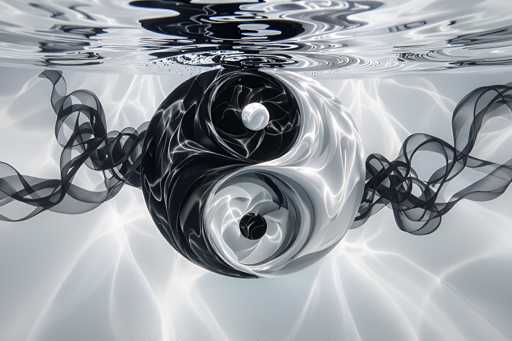 The image depicts a highly detailed, computer-generated 3D rendering of a yin-yang symbol submerged underwater. The yin-yang, predominantly black and white, features intricate swirls and ribbons that extend from its center, creating a dynamic and fluid appearance. The symbol is perfectly balanced, with the black side on the left and the white side on the right. Surrounding the yin-yang are numerous ripples and waves, adding to the underwater effect. The background is a light gray, illuminated by white light that enhances the ethereal quality of the scene. The overall composition is striking, with the contrast between the dark and light elements of the yin-yang symbol and the serene underwater environment creating a visually captivating image.
