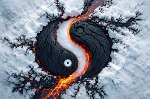 The image depicts a surreal and striking scene of a yin-yang symbol emerging from a snowy landscape. The symbol is rendered in dark, almost black stone, with a glowing white eye at its center. Surrounding the yin-yang are intricate patterns resembling veins or tree branches, adding to the mystical atmosphere. From the top of the yin-yang, a fiery lava-like substance flows downward, creating a vivid contrast against the snowy background. The overall composition is both ethereal and captivating, blending elements of nature and abstract symbolism in a visually stunning manner.
